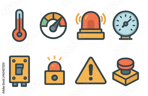 Child-Friendly Safety Icons. Flat vector mini-illustrations industrial safety gauges in colors children's
