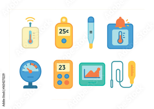 Colorful Temperature Devices. Flat vector mini-illustrations temperature monitoring devices in colors children