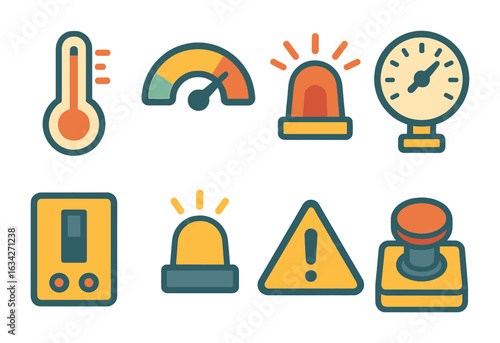 Child-Friendly Safety Icons. Flat vector mini-illustrations industrial safety gauges in colors children's