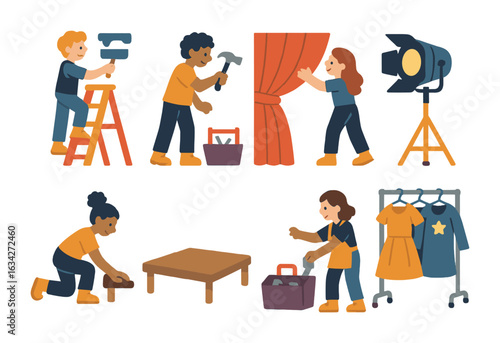 Theater Prep Essentials. Flat vector mini-illustrations A group of stagehands preparing props and scenery for