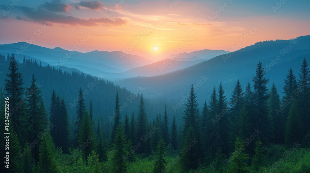 Fototapeta premium Majestic mountain range at dawn, trees filling the valley as the sun rises, painting the sky in vivid colors