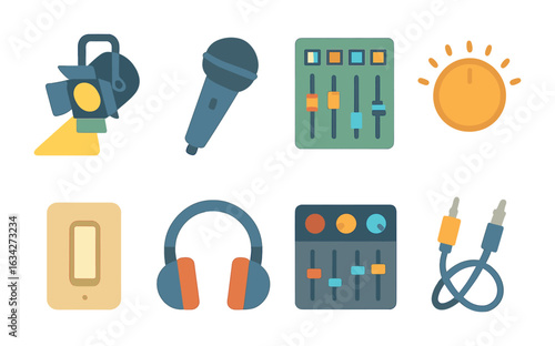 Stage Equipment Icons. Flat vector mini-illustrations Lighting and sound checks in colors children's