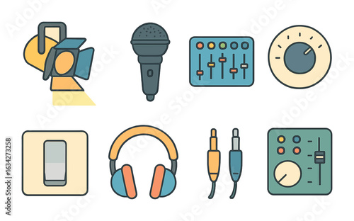 Stage Equipment Icons. Flat vector mini-illustrations Lighting and sound checks in colors children's