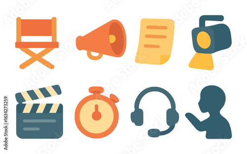 Children's Stage Icons. Flat vector mini-illustrations Stage rehearsal moments in colors children's