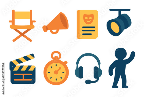 Children's Stage Icons. Flat vector mini-illustrations Stage rehearsal moments in colors children's