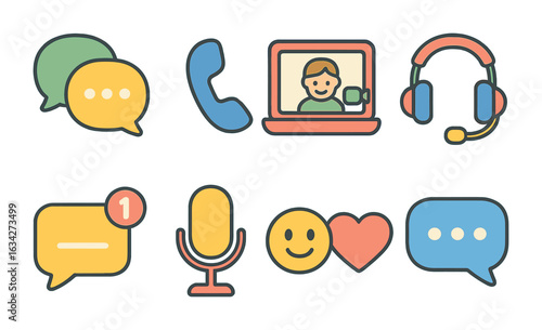 Colorful Communication Icons. Flat vector mini-illustrations Real-time communication in colors children's