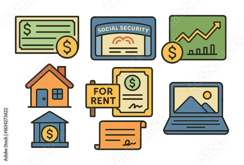 Retirement Income Visual Guide. Flat vector mini-illustrations Retirement income sources in colors children's