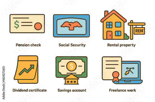 Retirement Income Visual Guide. Flat vector mini-illustrations Retirement income sources in colors children's