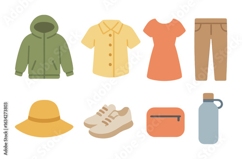 Minimalist Travel Essentials. Flat vector mini-illustrations Travel-friendly minimalist clothes in colors