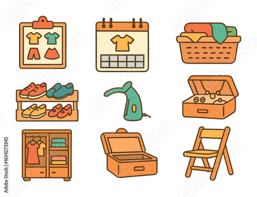 Kids' Outfit Planner Icons. Flat vector mini-illustrations Simplified dressing routines in colors children's