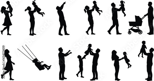 Silhouettes of adults and children in bonding moments—lifting, holding, reaching, swinging, and strolling—capturing care, play, and emotional connection