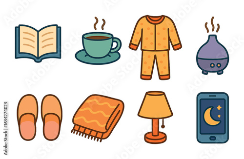 Children's Relaxation Icons. Flat vector mini-illustrations Evening relaxation routine in colors children's