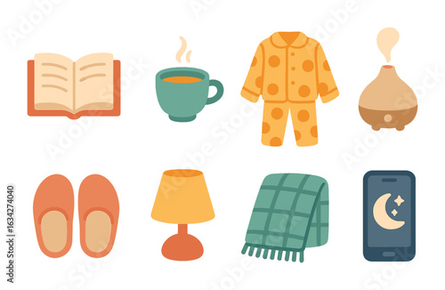 Children's Relaxation Icons. Flat vector mini-illustrations Evening relaxation routine in colors children's
