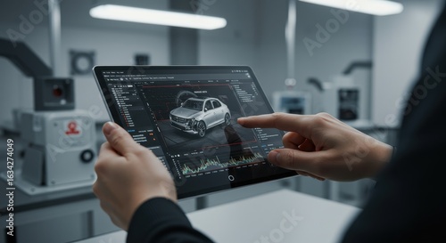 person interacts with digital tablet displaying 3d car model and analytics in modern engineering lab. automotive technology and design. research and development, tech presentation
