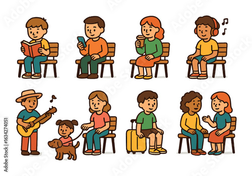 Outdoor Activities Icons. Flat vector mini-illustrations Outdoor waiting activities in colors children's