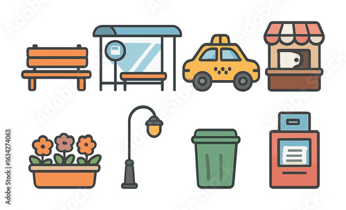 Urban Waiting Illustrations. Flat vector mini-illustrations Urban waiting spots in colors children's