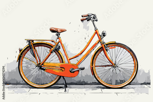 Orange bicycle against a minimalist grey wall isolated