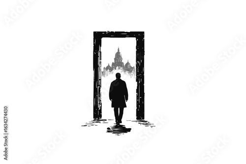 Silhouette stepping through a doorway into another universe