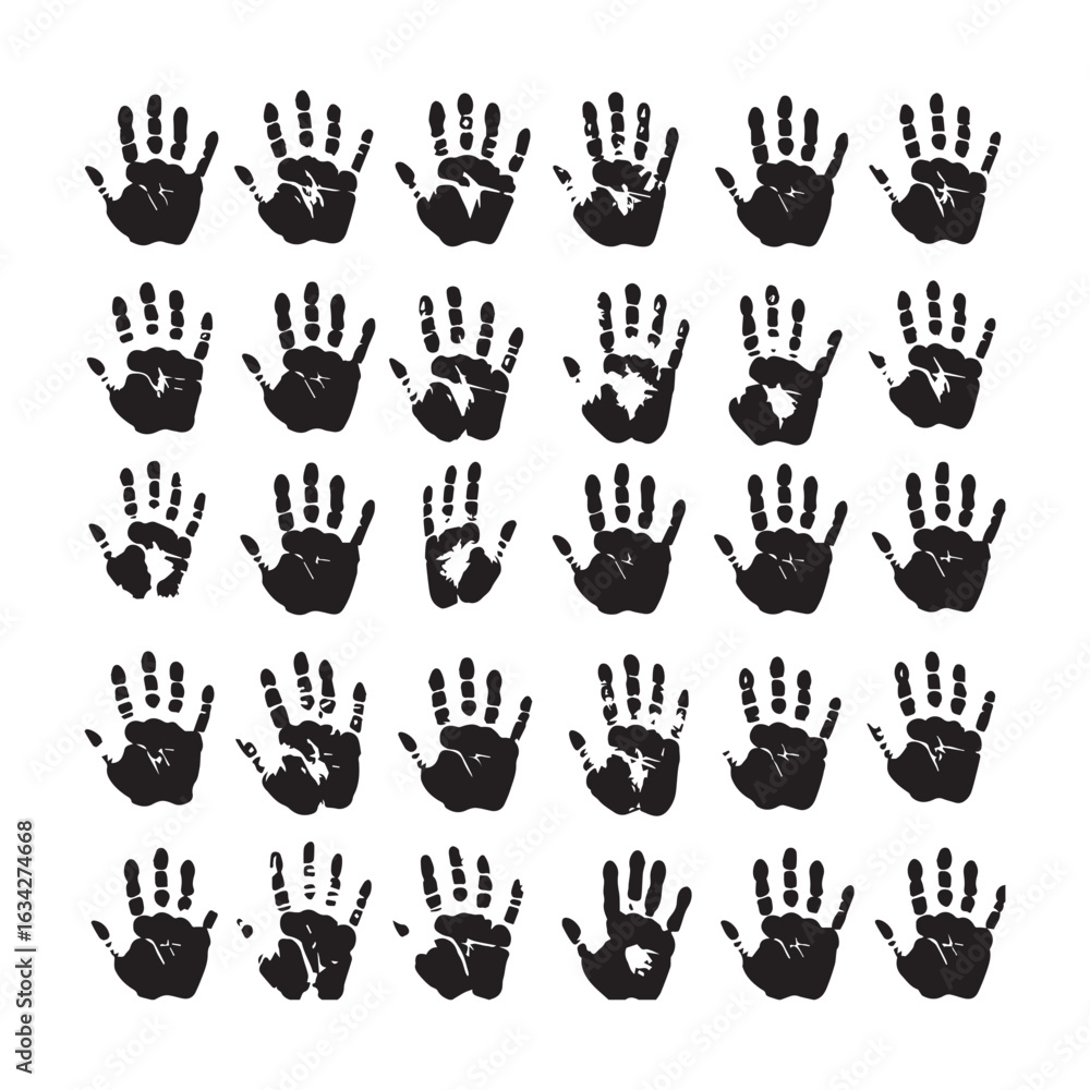 Fototapeta premium A black and white grid pattern of 20 handprints arranged in 8 rows of 5 prints each. 