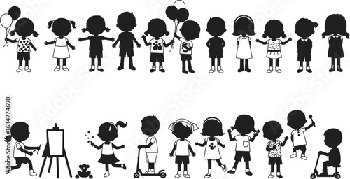 Silhouettes of children holding balloons, holding hands, painting, scooter riding, bubble blowing, tricycle riding, showcasing playful creativity and childhood joys