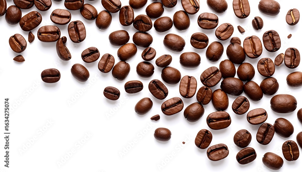 Obraz premium Roasted coffee beans scattered on white background (1)