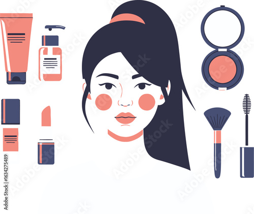 Flat illustration of a woman with makeup products on a peach colored background in a beauty concept