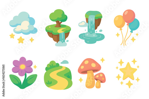 Dreamland Mini-Icons. Flat vector mini-illustrations Dreamland landscapes in colors children's illustrations: