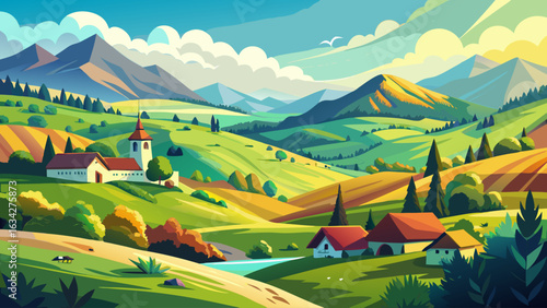 panorama of beautiful countryside of romania. sunny afternoon. wonderful springtime landscape in mountains. grassy field and rolling hills. rural scenery