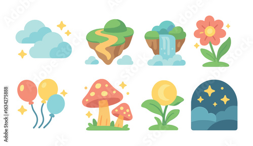 Dreamland Mini-Icons. Flat vector mini-illustrations Dreamland landscapes in colors children's illustrations: