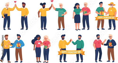 Illustrations of diverse friend groups celebrating happy friendship day with gifts and high fives