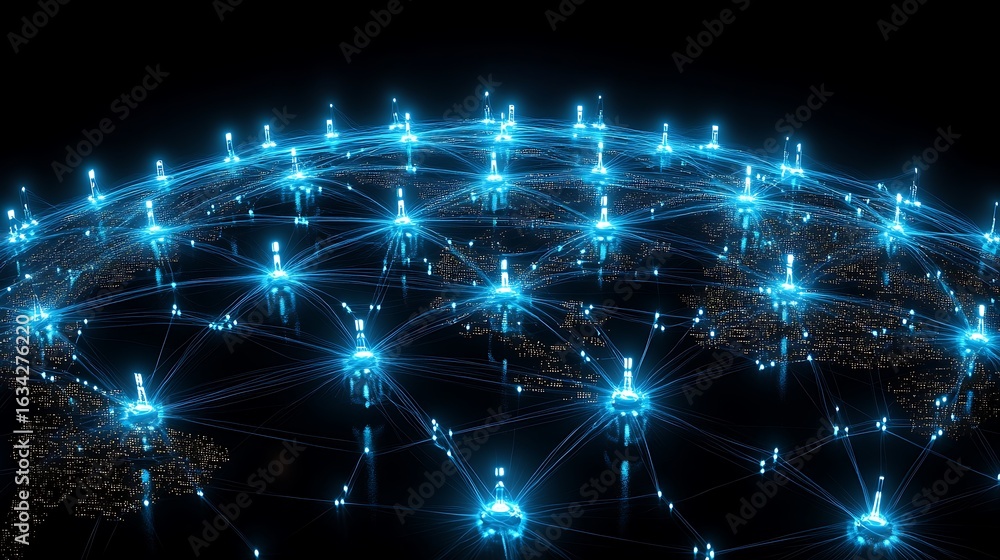 Fototapeta premium Global network connectivity visualized on a detailed earth model.