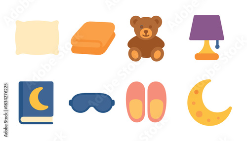 Children's Bedtime Essentials. Flat vector mini-illustrations bedtime essentials in colors children's