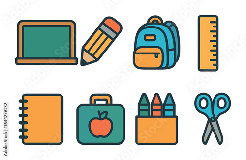School Time Icons. Flat vector mini-illustrations school time in colors children's illustrations: chalkboard,
