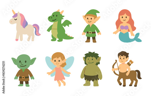 Fantasy Creature Icons. Flat vector mini-illustrations fantasy creatures in colors children's illustrations: