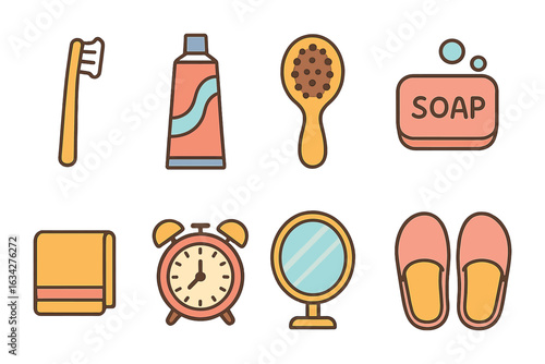 Morning Routine Icons. Flat vector mini-illustrations morning routine in colors children's illustrations: