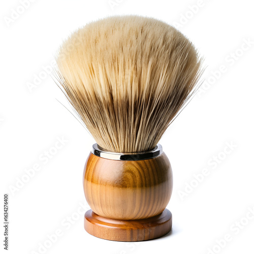 A shaving brush with a wooden handle and soft bristles, a grooming tool for men, isolated on white background