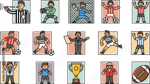 Various sports figures and equipment in a cartoon style against a white background with square borders