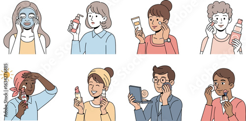 Illustrations of diverse people applying various skincare and makeup products on their faces routine
