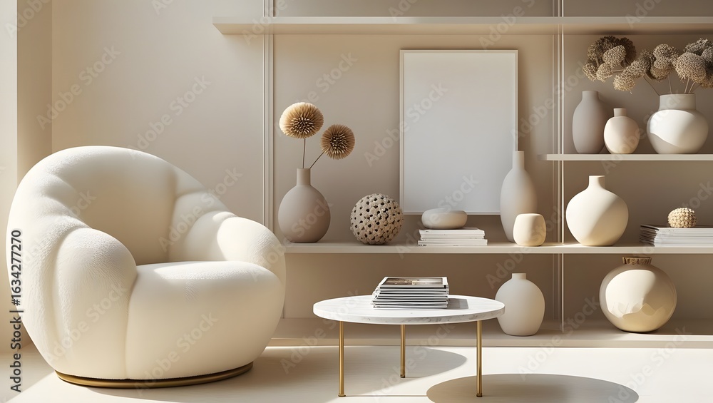 Obraz premium Cozy and stylish living room with plush armchair and decorative shelves filled with vases