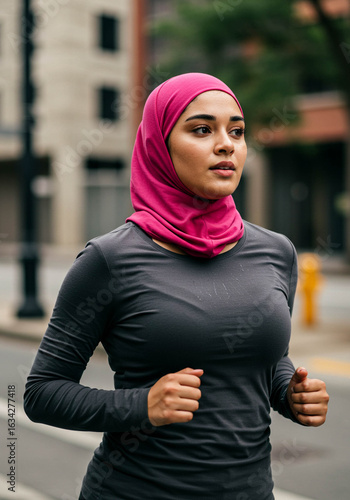 Woman in Pink Hijab Running Outdoors Cityscape