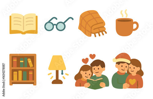 Cozy Couples Reading. Flat vector mini-illustrations couples reading time in colors children's illustrations: