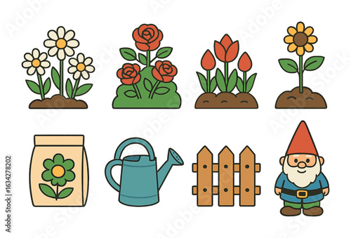 Children's Flower Garden Basics. Flat vector mini-illustrations flower garden basics in colors children's