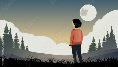 Vector artwork of a night landscape with glowing stars, clouds and a person watching