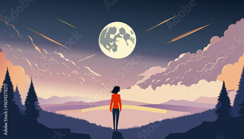 Vector artwork of a night landscape with glowing stars, clouds and a person watching