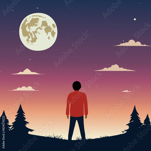 Vector artwork of a night landscape with glowing stars, clouds and a person watching