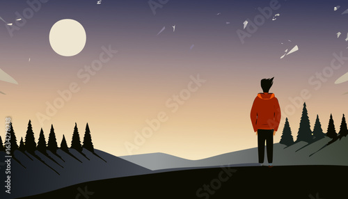 Vector artwork of a night landscape with glowing stars, clouds and a person watching