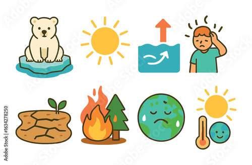 Global Warming Icons. Flat vector mini-illustrations global warming impact in colors children's illustrations:
