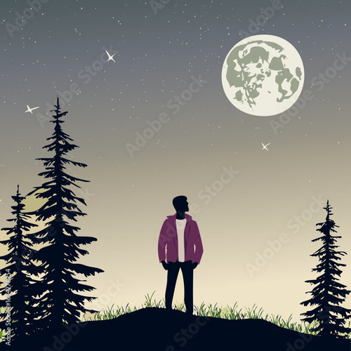 Vector artwork of a night landscape with glowing stars, clouds and a person watching