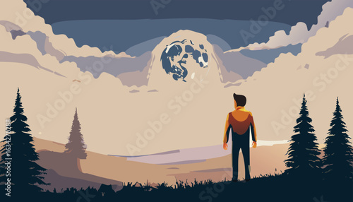 Vector artwork of a night landscape with glowing stars, clouds and a person watching