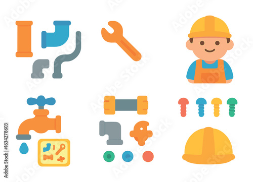 Kid's Plumbing Playset. Flat vector mini-illustrations kid-safe plumbing playset in colors children's